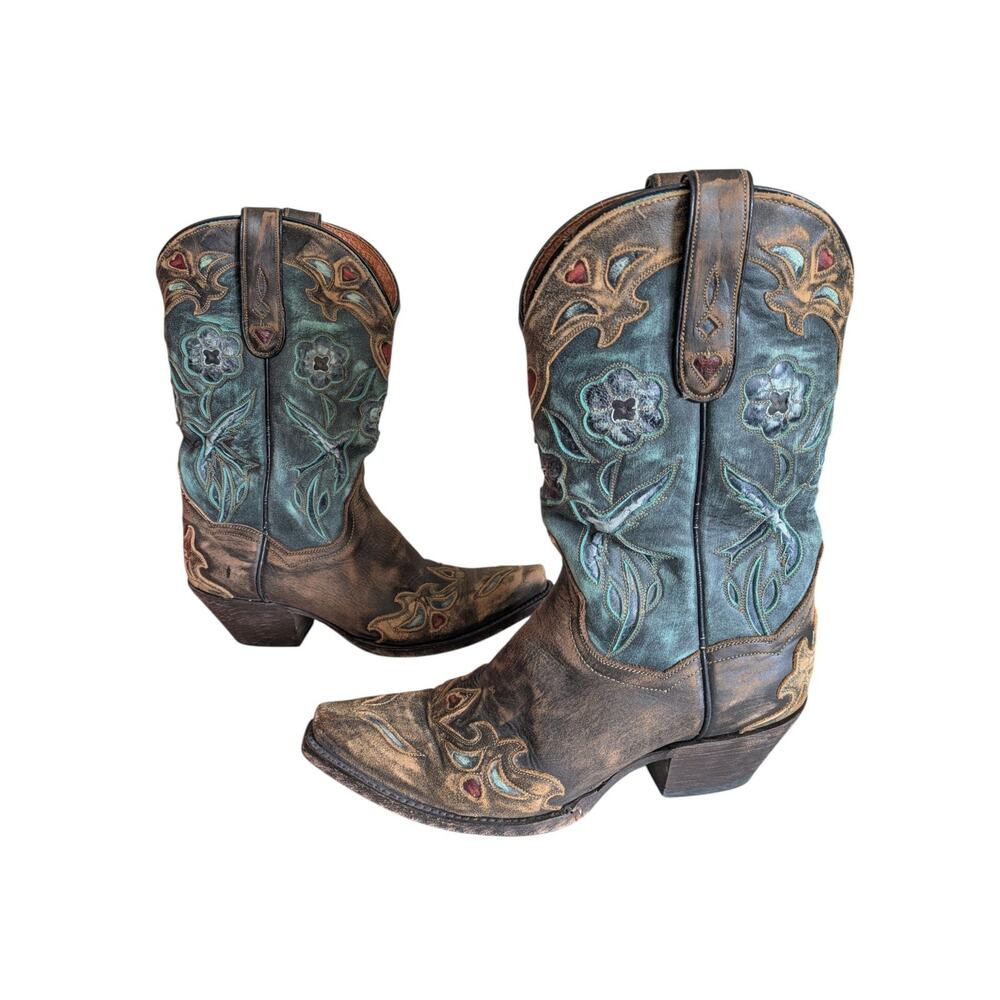 Dan Post Blue Bird Wingtip Western Cowboy Boots Size 6.5 Snip Toe Floral Hearts